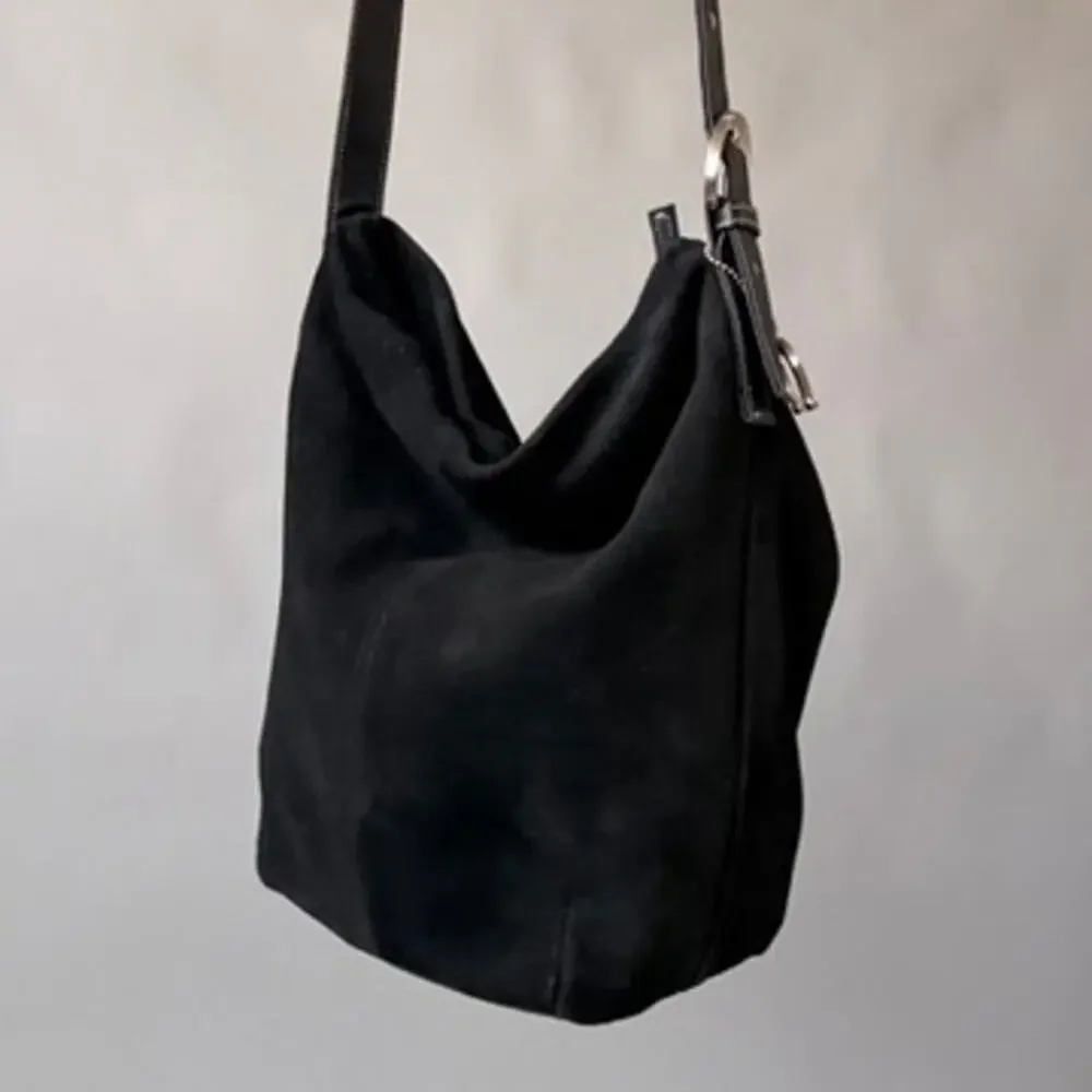 Vintage Faded Glory Genuine Suede Bucket Bag - Black